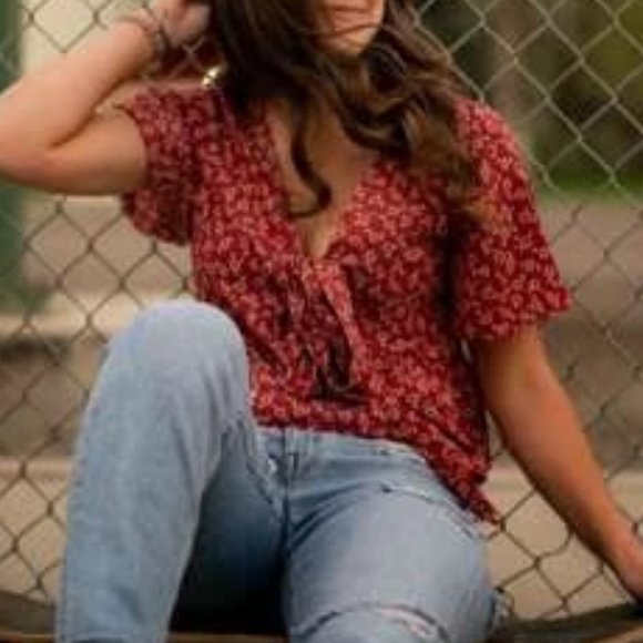 Boho Floral print front tie babydoll peplum crop top ROSE RED - Picture 8 of 8